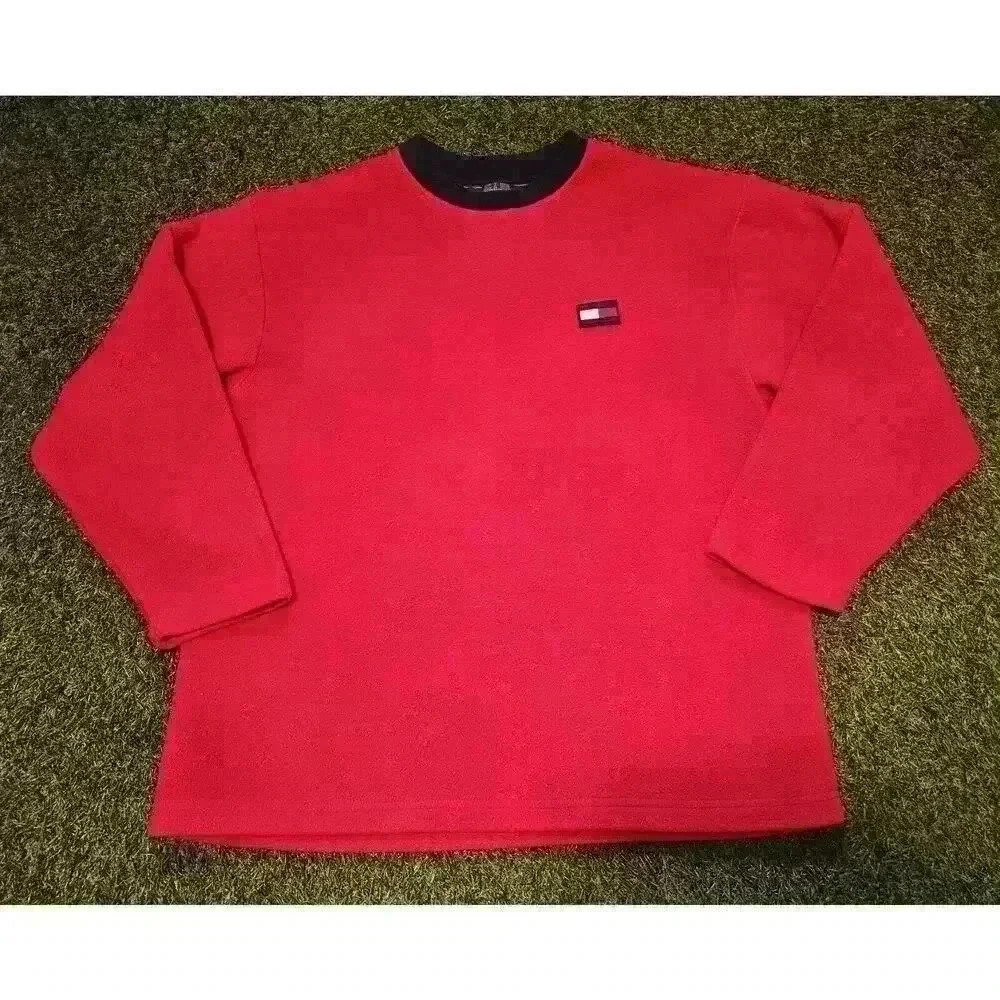 Vintage Tommy Hilfiger Sweater Mens Medium (Fits XL)Red Fleece Crewneck Logo 90s
